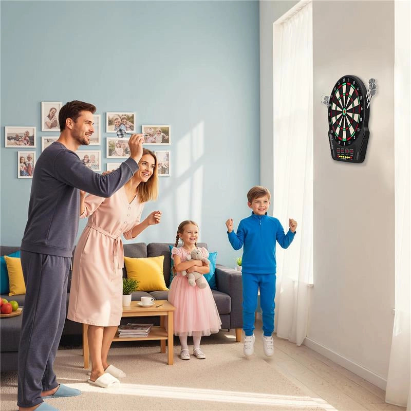 BERSAGLIO FRECCETTE CON 6 FRECCETTE, ALIMENTATORE, 4 DISPLAY LED E 27 GIOCHI, IN ABS E PP, 44X51.5X3.2 CM, NERO