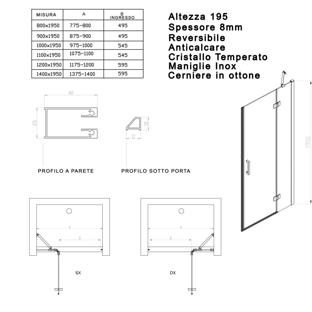 Porta doccia nicchia battente trasparente 8mm h195cm regina, misura 90