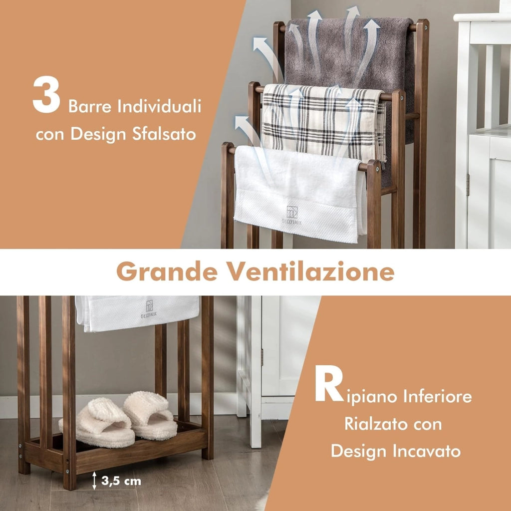 Portasciugamani in Legno da Terra, Porta Asciugamani a 3 Livelli con Mensola Inferiore, Dispositivo Anti-Ribaltamento, Supporto Leggero per Asciugamani da Bagno e Stanza Lavanderia (Marrone)