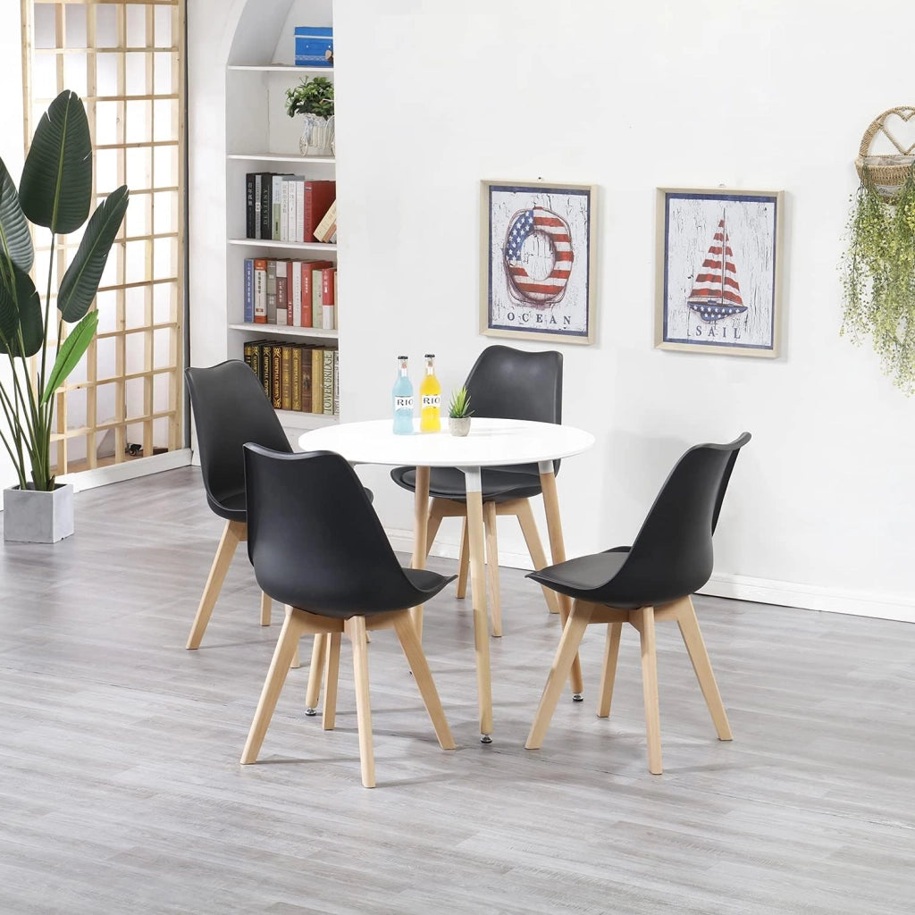 GrandCA HOME Set di Mobili, Tavolo da Pranzo Rotondo e 4 Sedie da Pranzo, Piano Resistente, Sedile Imbottito, Gambe in Legno di Faggio, Nero