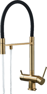 Lana | Rubinetto allungabile nero oro a 3 vie |Miscelatore cucina per acqua potabile in acciaio inossidabile - Girevole a 360° | Filtra 3 connessioni
