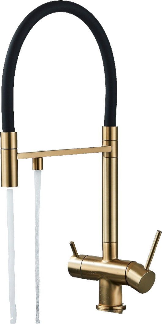 Lana | Rubinetto allungabile nero oro a 3 vie |Miscelatore cucina per acqua potabile in acciaio inossidabile - Girevole a 360° | Filtra 3 connessioni