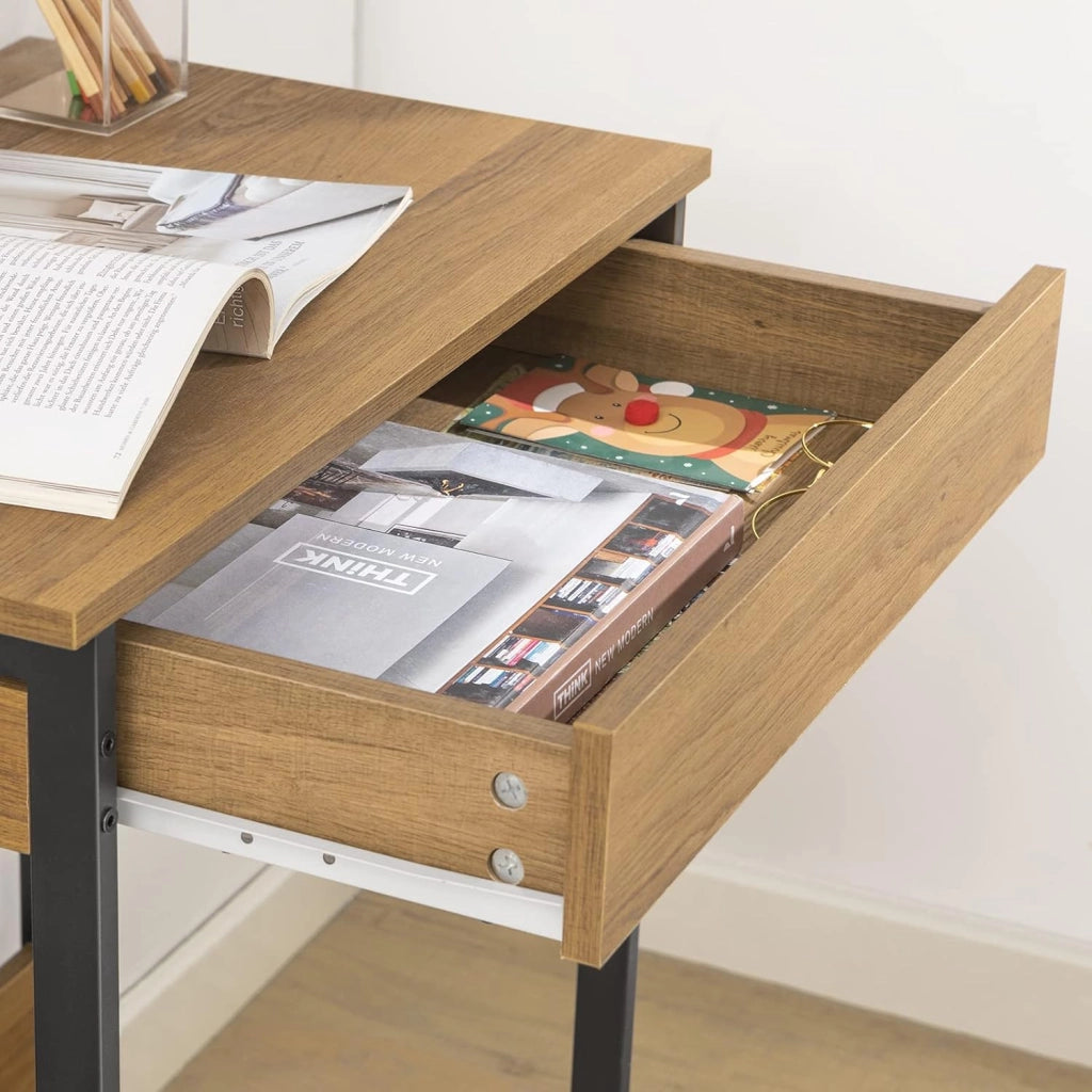 Scrivania Salvaspazio con 1 Cassetto e 2 Ganci Tavolo da Lavoro Angolare Piccolo per Ufficio o Studio Scrivania Nero-Naturale per Casa, Cameretta o Computer 60x40x77cm FWT43-N