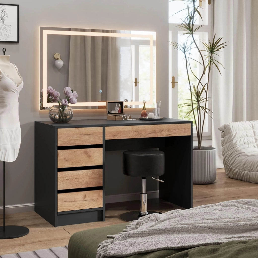 Vicco Tavolo da toilette Sherry, Antracite/quercia dorata, 120 x 75 cm con specchio LED e sgabello