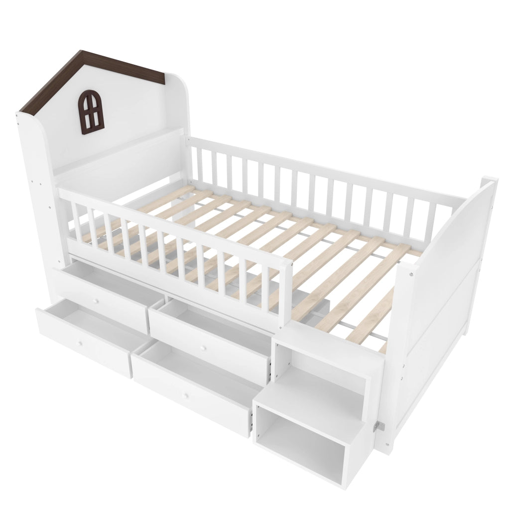 Letto a baldacchino bianco in pino con 4 cassetti LED e scala integrata 90x200 cm