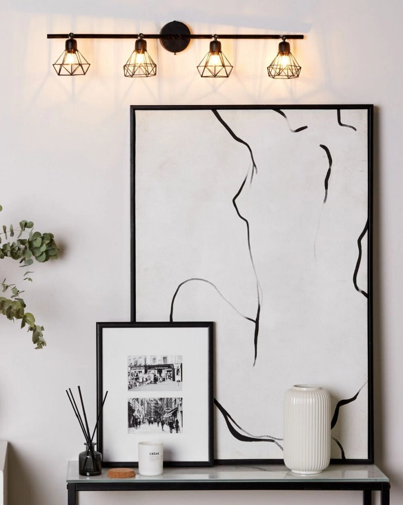 lampadario Nero Metallo 4 Luci Gabbia Paralumi Bracci Orientabili Moderna