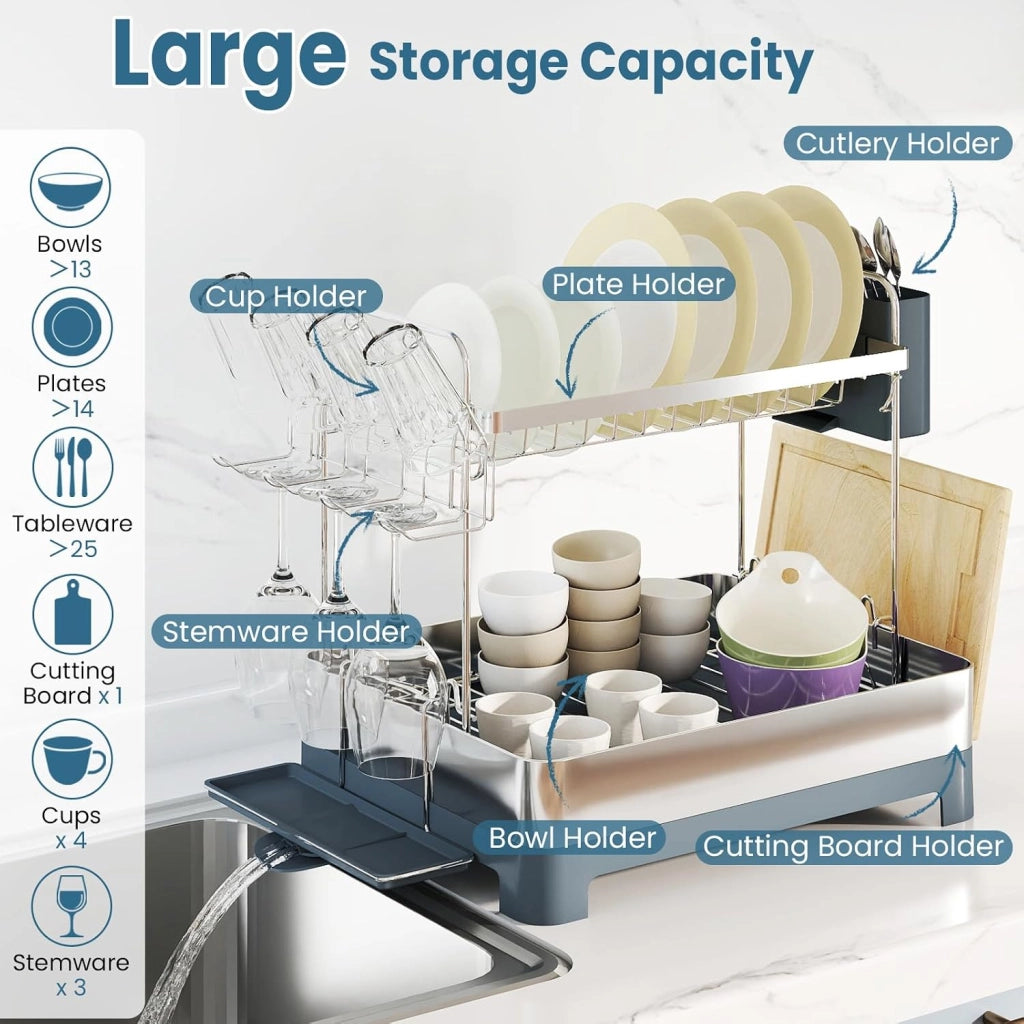 Scolapiatti in acciaio inox, scaffale organizzatore da cucina a 2 livelli con vassoio di scarico porta posate e secchio per posate, deposito cucina, 57 x 32 x 39,5 cm