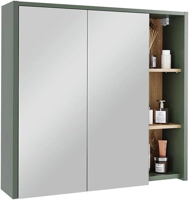 Mobile a specchio per bagno Viola, Verde/Artigianale, 80 x 75 cm con ripiani aperti, per montaggio a parete con specchio integrato e ripiani