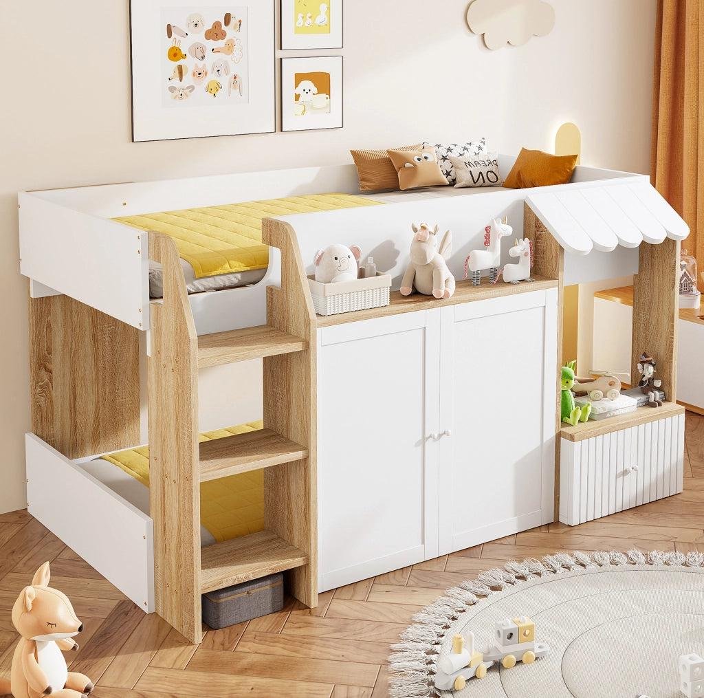 Letto a soppalco per bambini a forma di casetta 90x200 cm con scala e spazio contenitore; bianco e legno