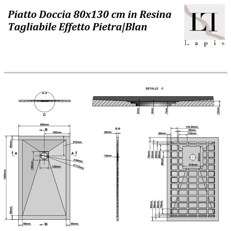 Piatto Doccia Grigio Effetto Pietra 80x130 cm in Marmoresina| Bl