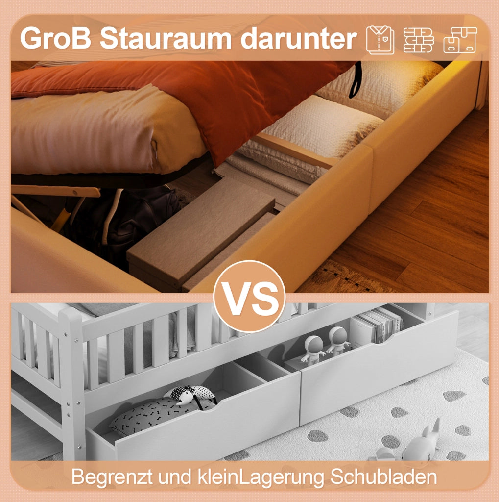 Letto singolo a corona 90x200 cm con LED e contenitore, bianco