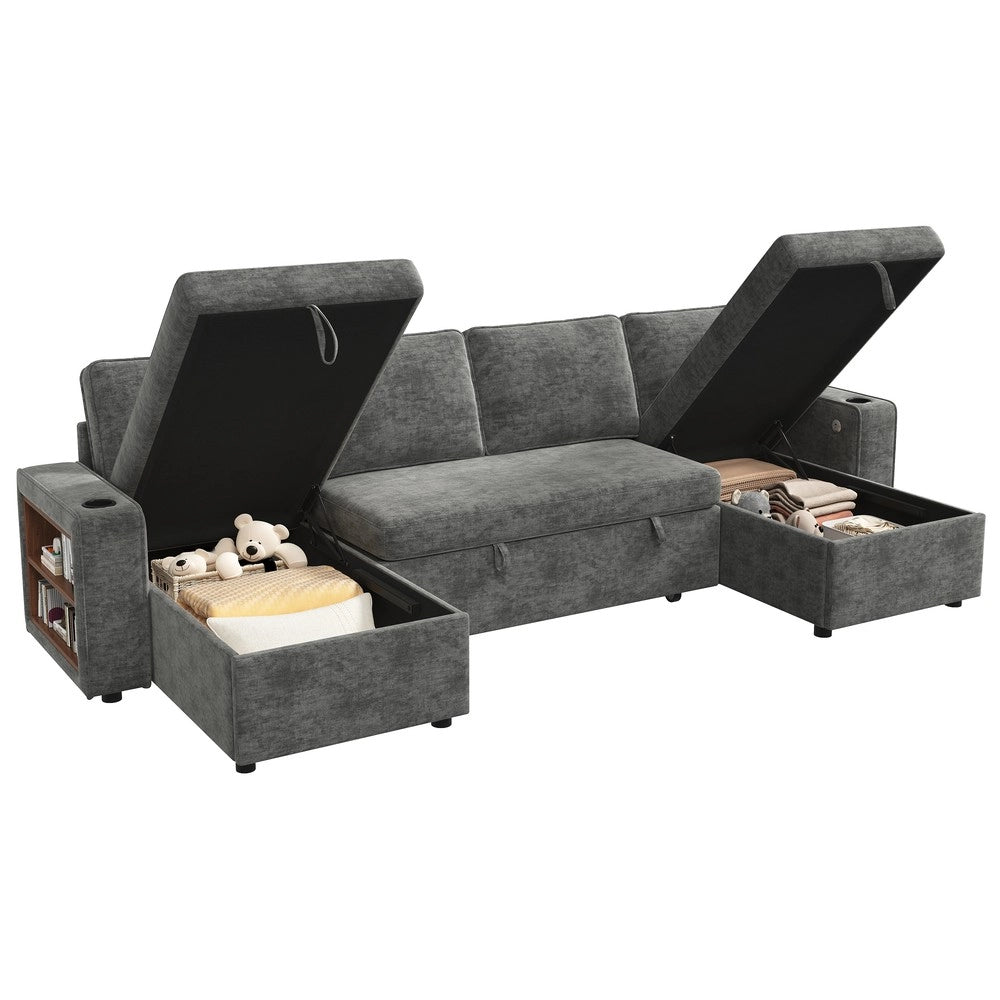 Divano Angolare a U con Funzione Letto, Contenitore, Dormeuse e USB ¨C Xylo ¨C Grigio