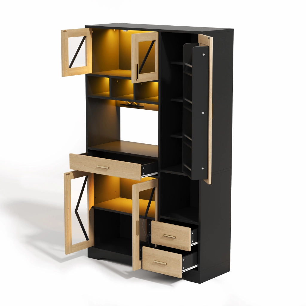 Credenza Alta Stile Rustico con LED, Ripiani, Cassetto e Prese ¨C Xylo ¨C 185x105x40