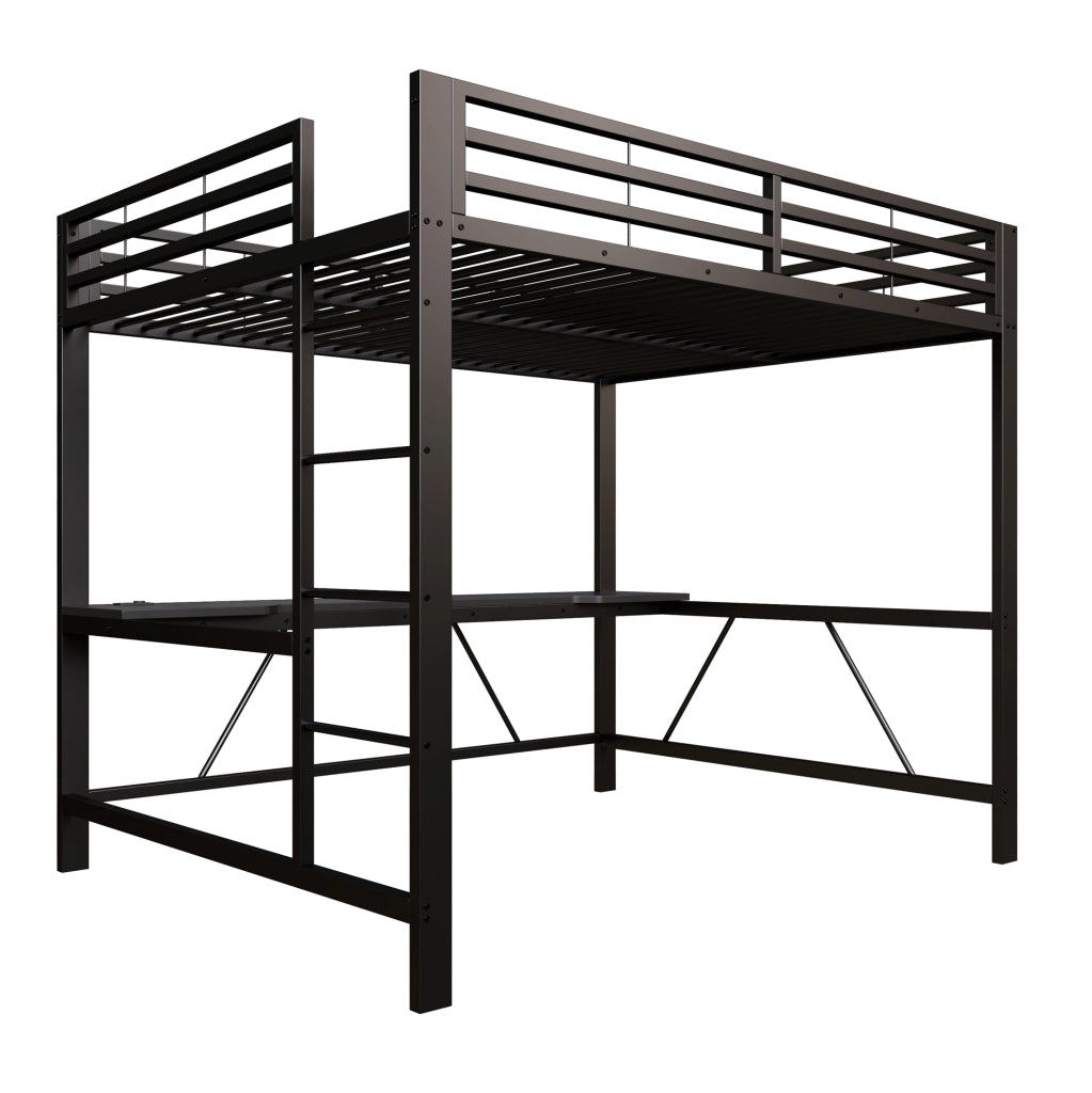 Letto a soppalco 160x200 cm con scrivania integrata; LED e struttura in metallo nero