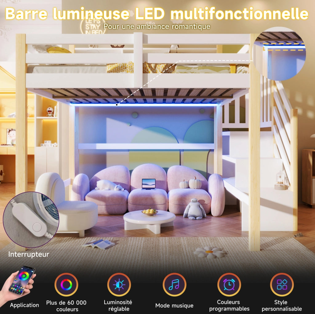Letto a soppalco ULEVR 140x200 cm con LED, scala contenitore e vano aperto, bianco e naturale