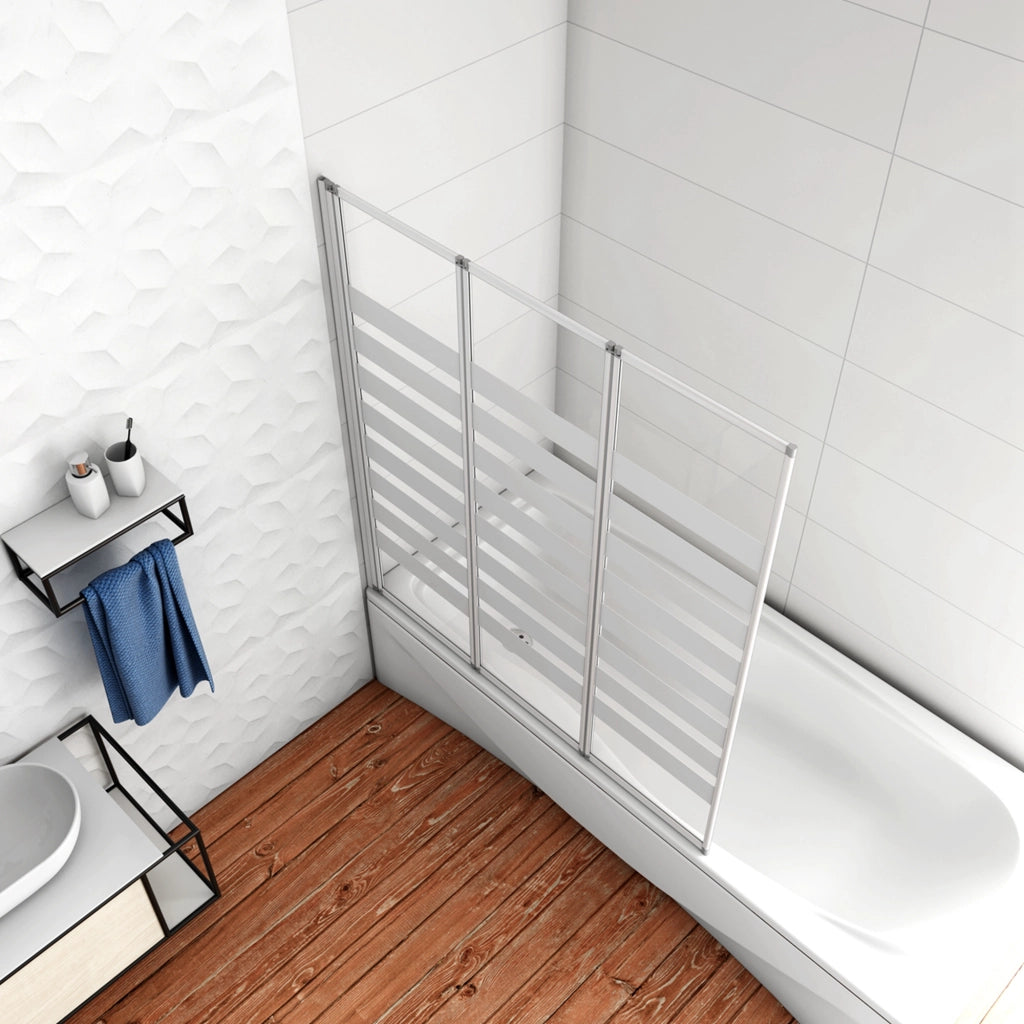 100x140 cm Parete Vasca da Bagno Doccia 3 Ante Pieghevoli a Libro Montaggio Verso Sinistro Vetro 4 mm Temperato Fasce Bianche Opache Telaio Argento Opaco