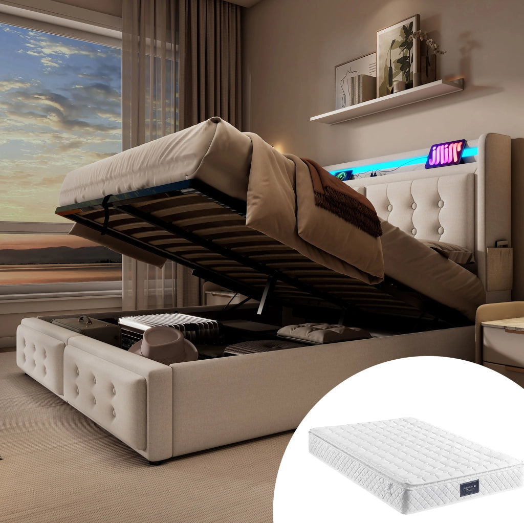 Letto contenitore 160x200 cm con testiera LED; USB e Type-C; cotone-lino beige