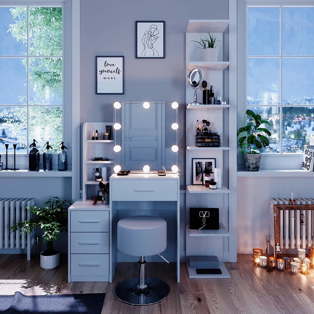 Tavolo da toeletta Conrada Bianco 80 cm con illuminazione LED e sgabello Vicco