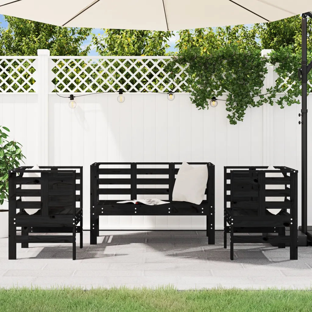 Set Salotto da Giardino 3 pz | Set di Mobili da Esterno Nero in Legno Massello di Pino