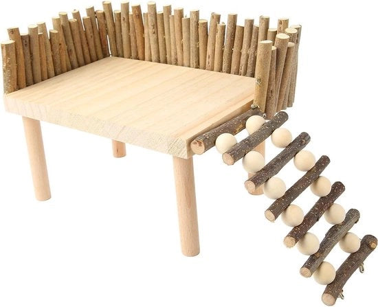 Piattaforma di arrampicata in legno per piccoli animali domestici: piattaforma di arrampicata e area di gioco per hamster con scala e recinzione.
