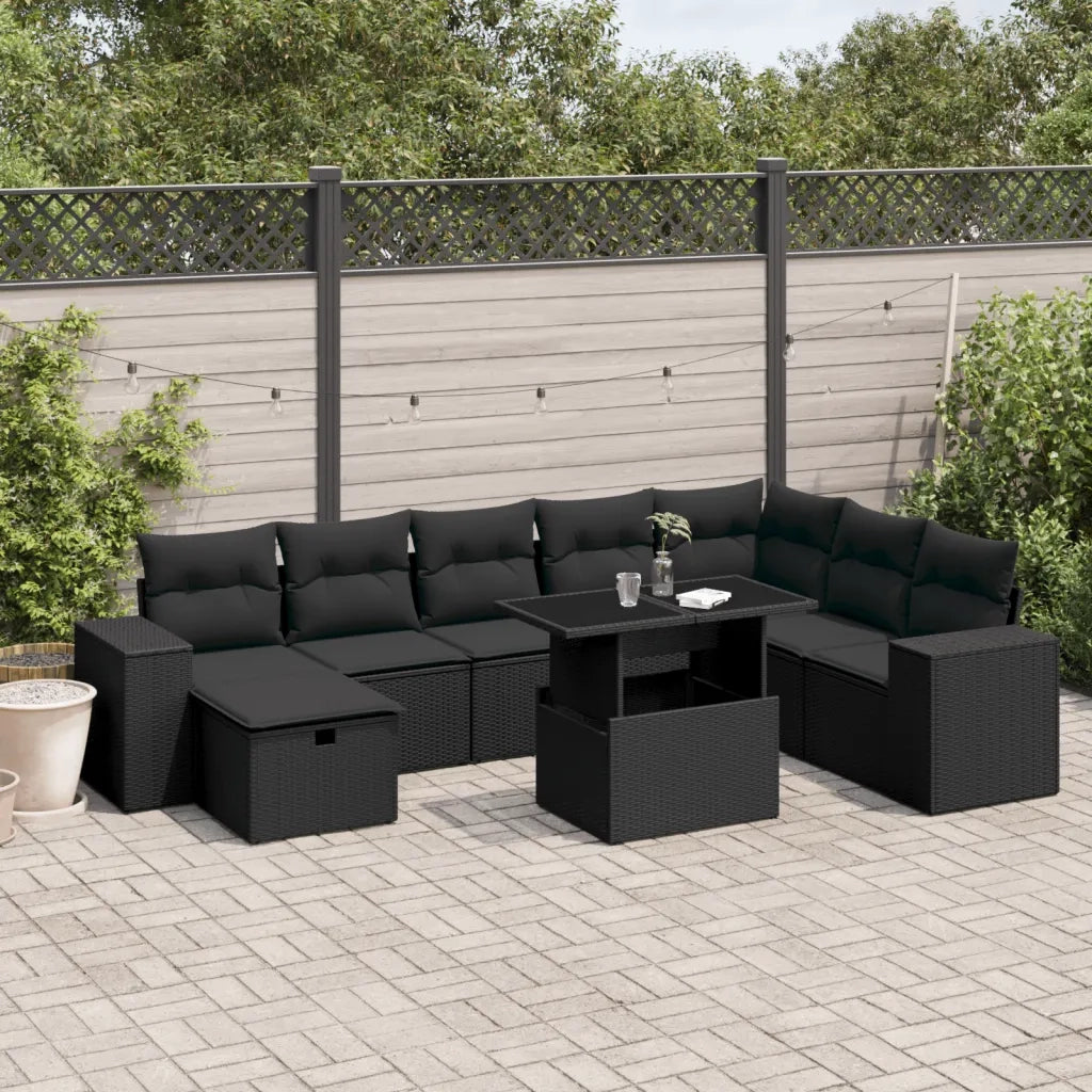 Set Divani da Giardino 9 pz con Cuscini Nero in Polyrattan