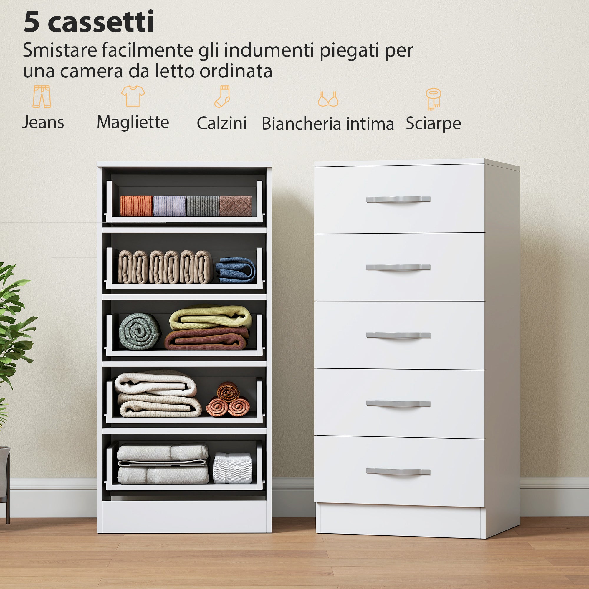 Cassettiera 5 Cassetti 40x35x85 cm dallo Stile Moderno in Truciolato Bianco