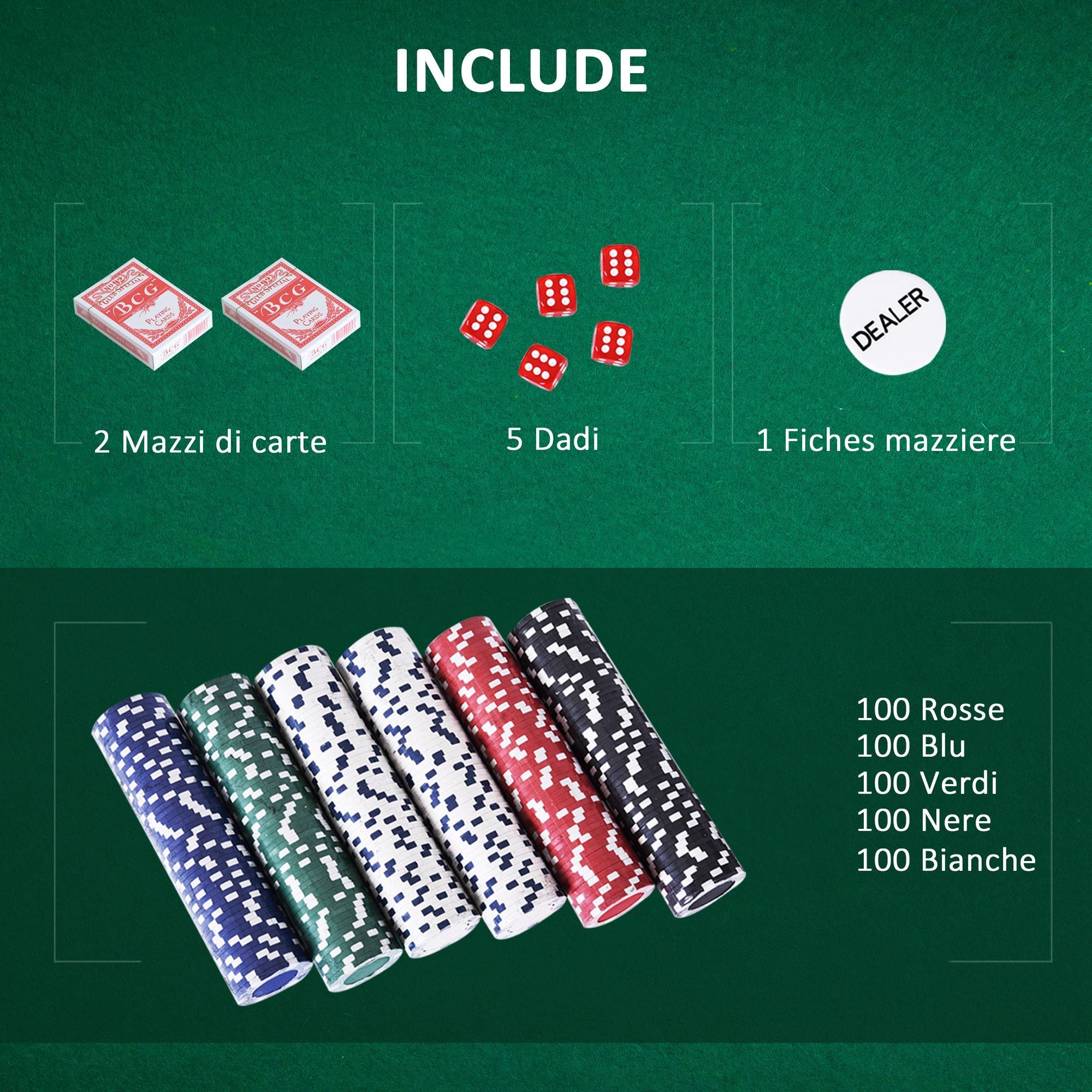 Set 500 Fiches da Poker 2 Mazzi di Carte e Pulsante Dealer con Valigetta