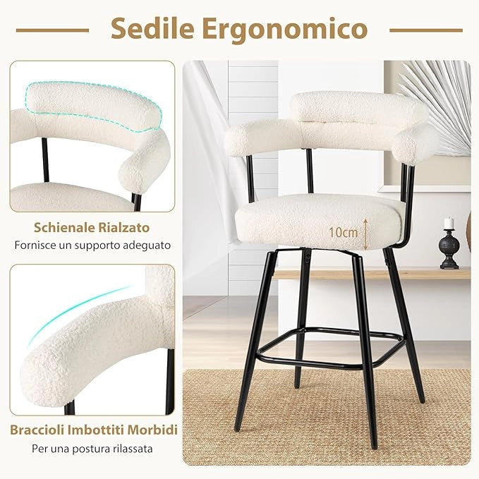 Set di 2 Sgabelli da Bar Girevoli, Sedie Imbottite in Boucle con Schienale, Braccioli Curvi, Gambe in Metallo e Poggiapiedi, Portata 150 kg, per Isola Cucina, Caffè e Pub (Bianco)