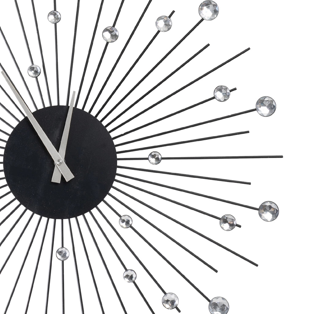 Orologio da Parete Decorativo Moderno 57 cm con Cristalli Brillanti e Struttura Radiale in Metallo Nero per Soggiorno Camera da Letto e Ingresso
