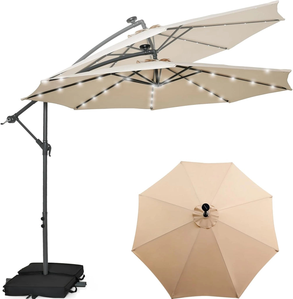 Ombrellone da Giardino con LED e Pannello Solare, Ombrellone Parasole con Sacchi di Sabbia, Anti UV, Impermeabile, Regolabile ad Angolo, Ombrellone da Giardino 3x3 con Manovella