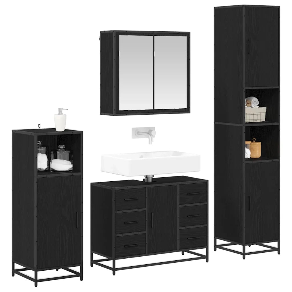 Set di mobili per il bagno 4 pcs Rovere Nero Legno multistrato