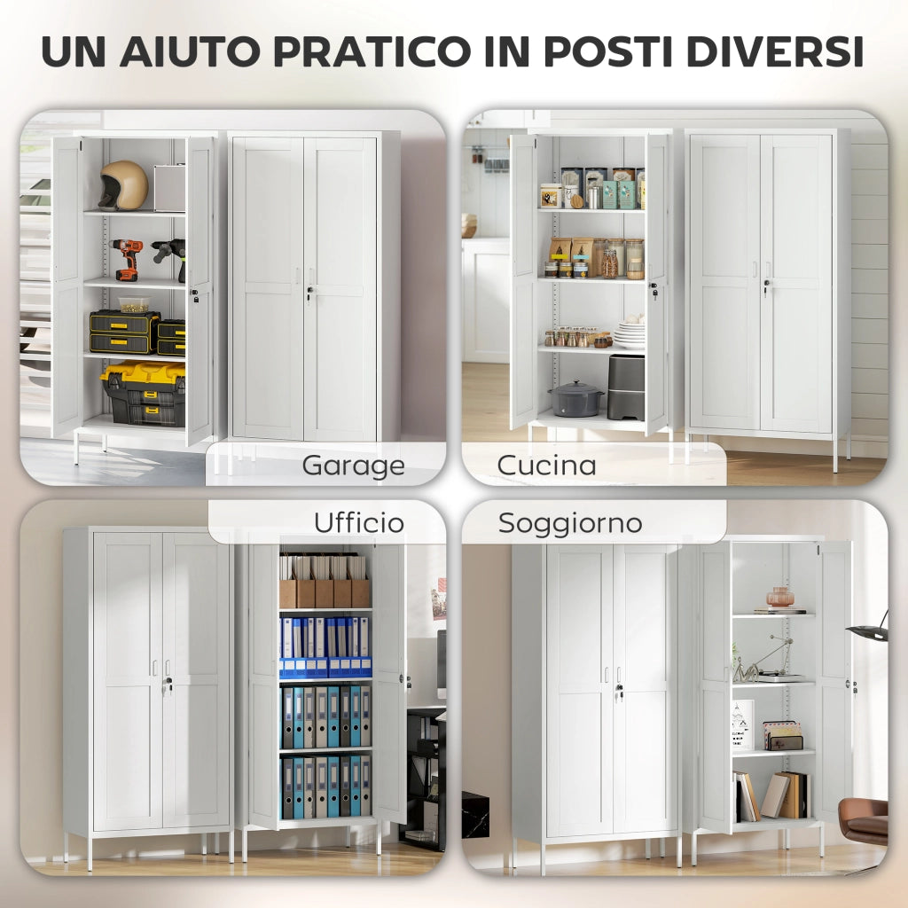 Armadio per Ufficio 80x40x175 cm a 3 Ripiani Regolabili con Serratura e 2 Chiavi in Acciaio Bianco