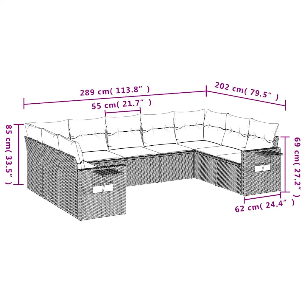 Set Divano da Giardino 9pz con Cuscini Grigio Chiaro Polyrattan