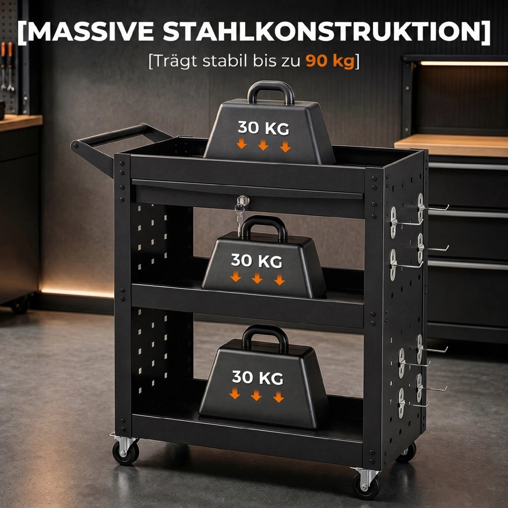 Carrello utensili 3 livelli con cassetto e pannello forato ¨C zephmum ¨C Nero