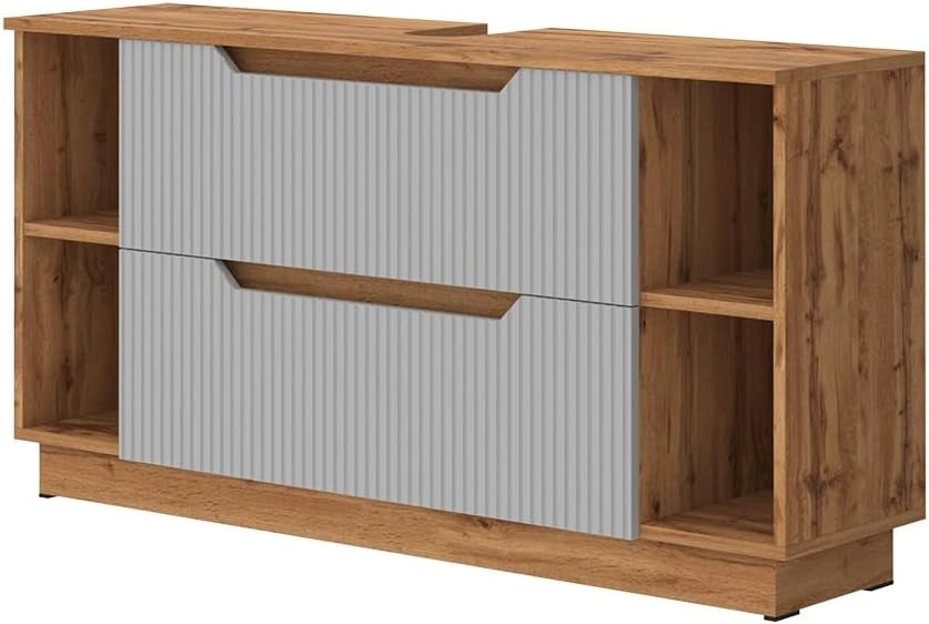 Mobile sottolavabo per bagno Lotta, Rovere/grigio a righe, 119.2 x 62.5 cm con 2 cassetti