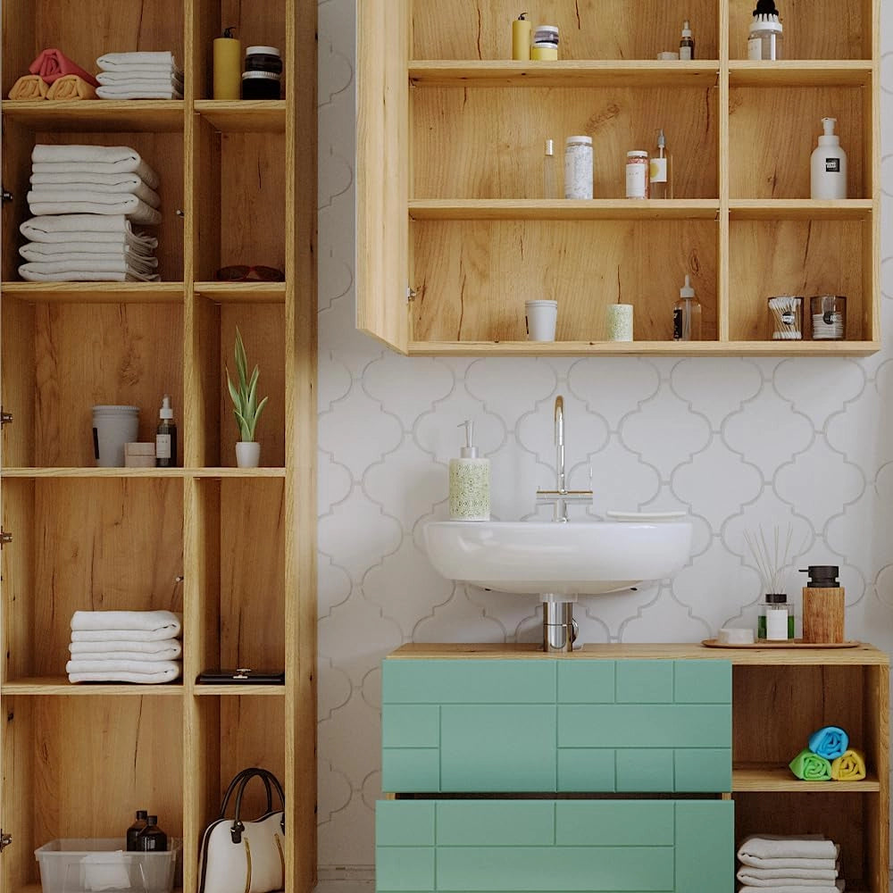Set di mobili da bagno Rudi, Verde menta, 90 cm, composto da mobile sottolavabo, specchiera e colonna alta