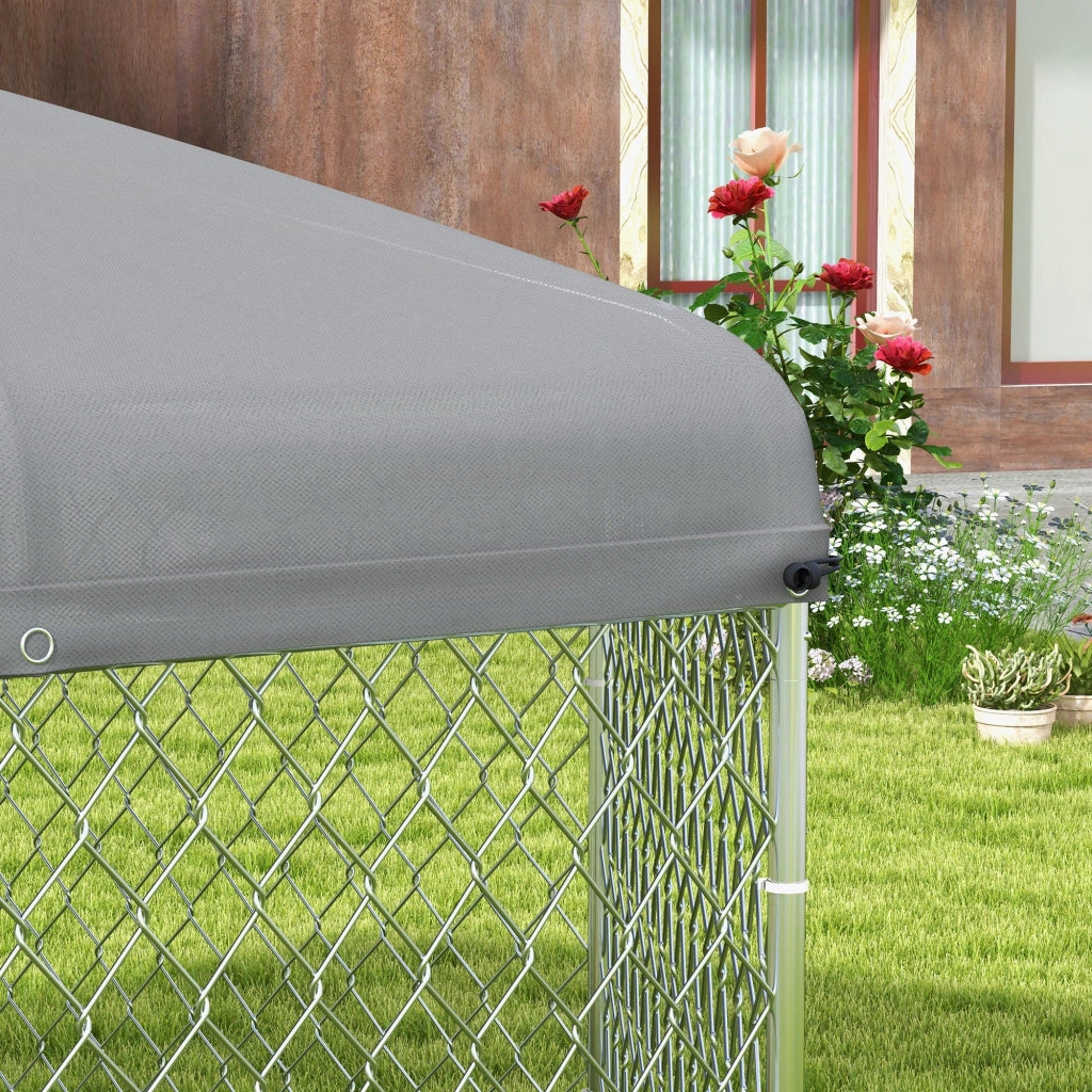 Recinto per Cani Taglia Grande 2,1x1,85x1,5m Tetto in Tessuto Oxford Anti UV Argento e Grigio