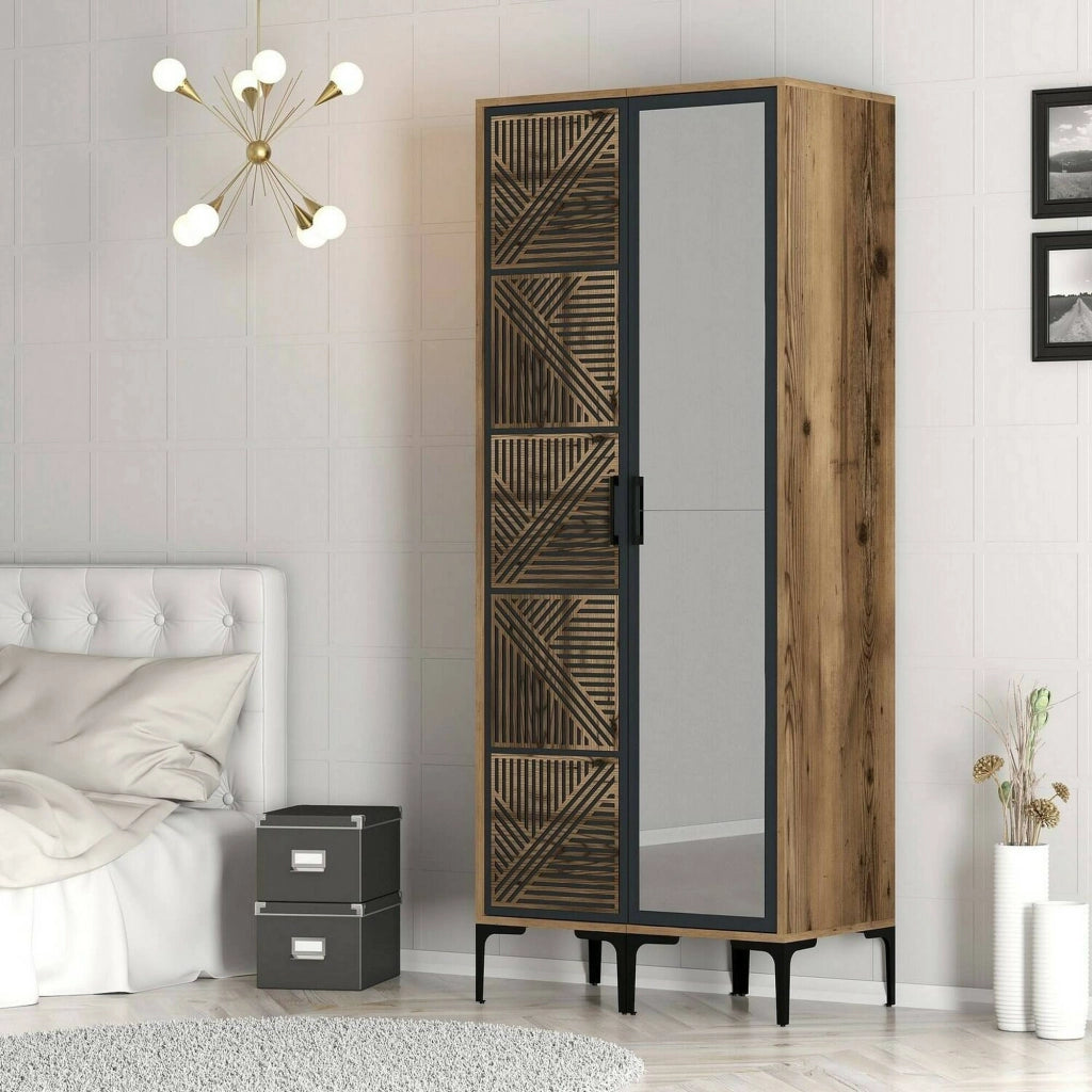 Guardaroba 2 ante Ramallah, Mobile camera da letto, Cabina armadio portabiti, Armadio appendiabiti, 80x201h48 cm, Noce e Antracite