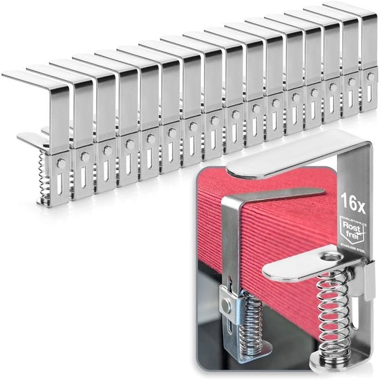Klemme per tavolo in acciaio inossidabile 16x Premium - klemme per tavolo con molla per tavoli con spessore 2,7-5,5 cm - klemme per tavolo inossidabile per interni ed esterni