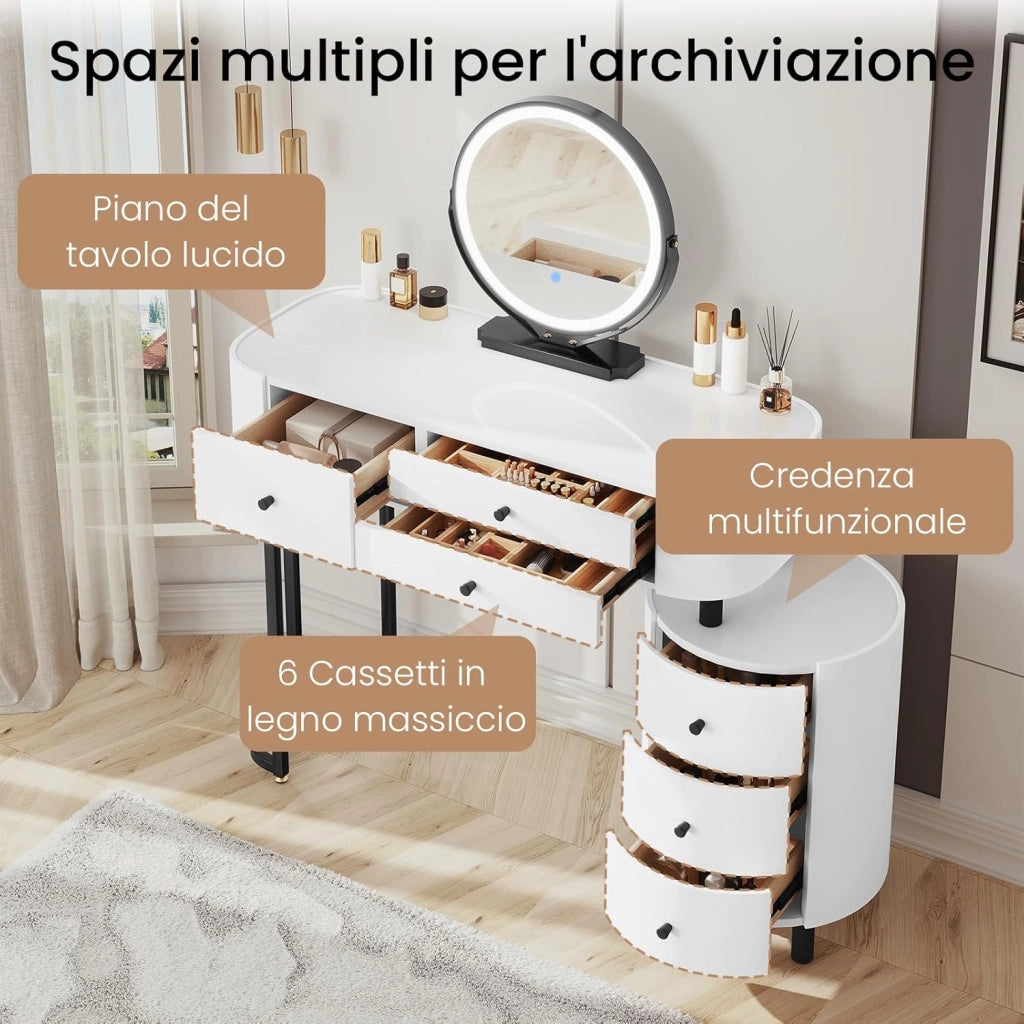 WOLTU Toeletta con Illuminazione a Led e Specchio, Postazione da Trucco con 3 Cassetti in Legno Massiccio, 1 Mobile Laterale Flessibile, Piano Lucido, Bordo in PVC, Facile da Montare, Moderno, Bianco