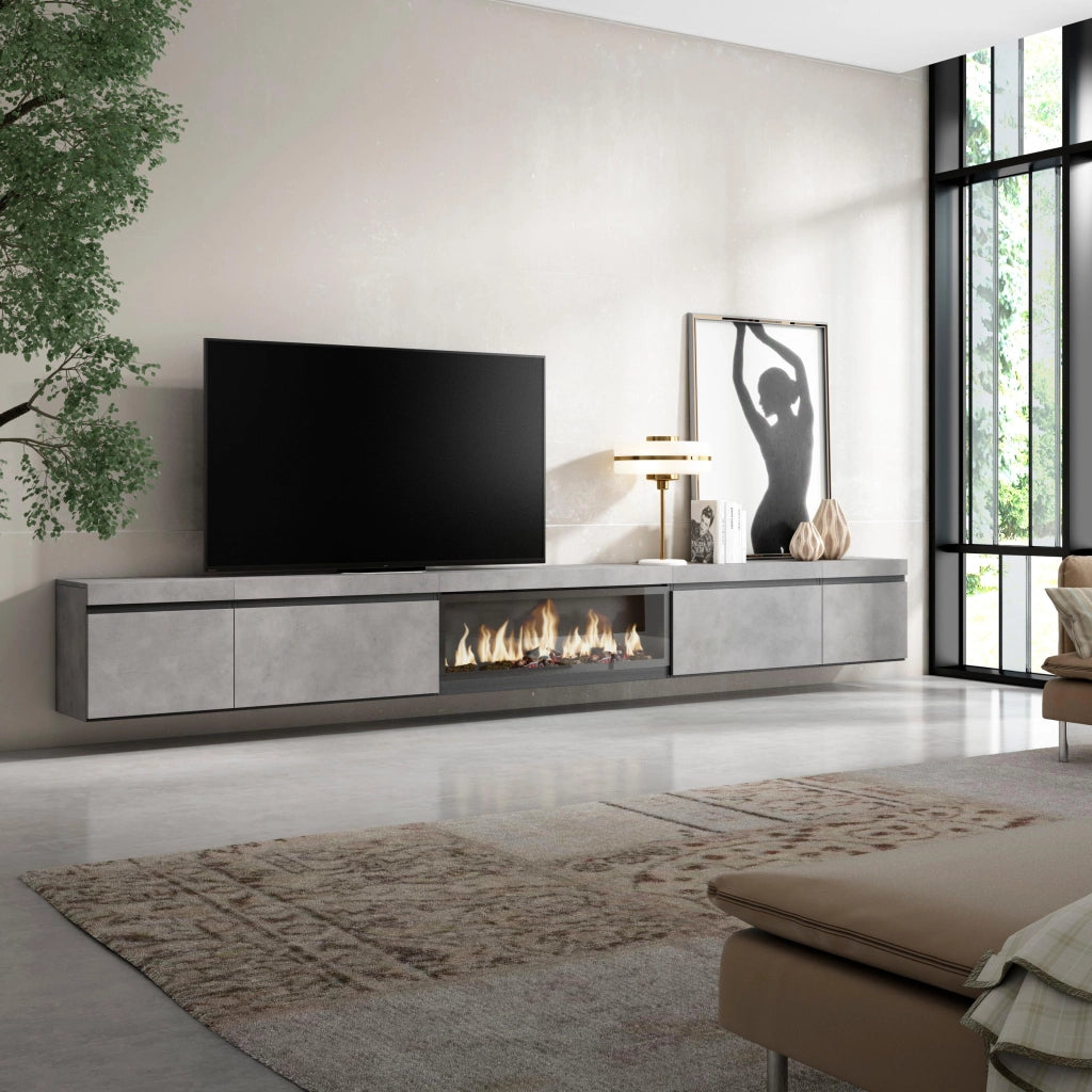 Mobile TV Soggiorno, 368x35x45, Camino elettrico XXL, da appendere, grigio cemento RF3681