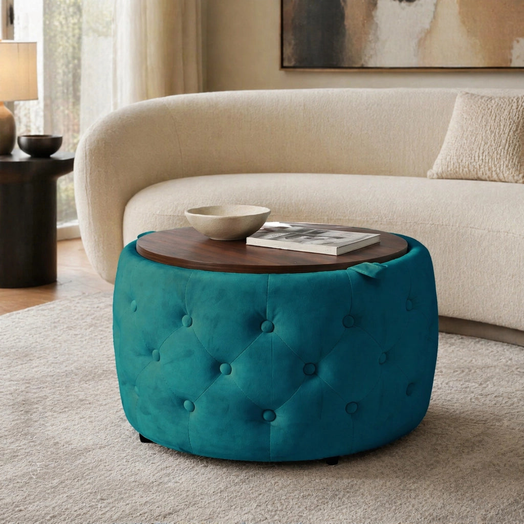 Poltrona pouf contenitore - con vassoio in legno e design impilabile - in velluto blu