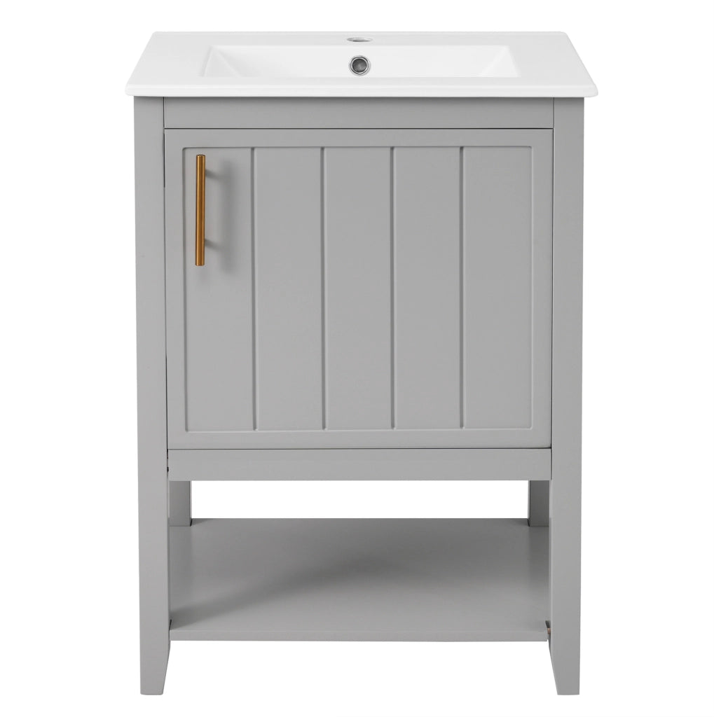 Mobile bagno grigio con lavabo in ceramica e ripiani interni