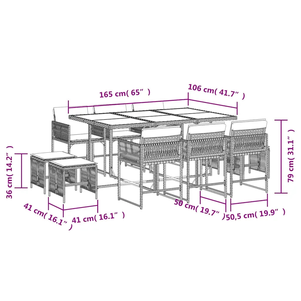 Set da Pranzo da Giardino 11pz con Cuscini in Polyrattan Grigio