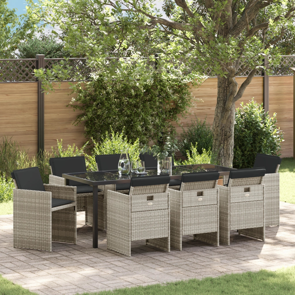 Set da Pranzo Giardino 9 Pezzi con Cuscini Grigio Chiaro Rattan Poliestere