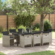 Set da Pranzo Giardino 9 Pezzi con Cuscini Grigio Chiaro Rattan Poliestere