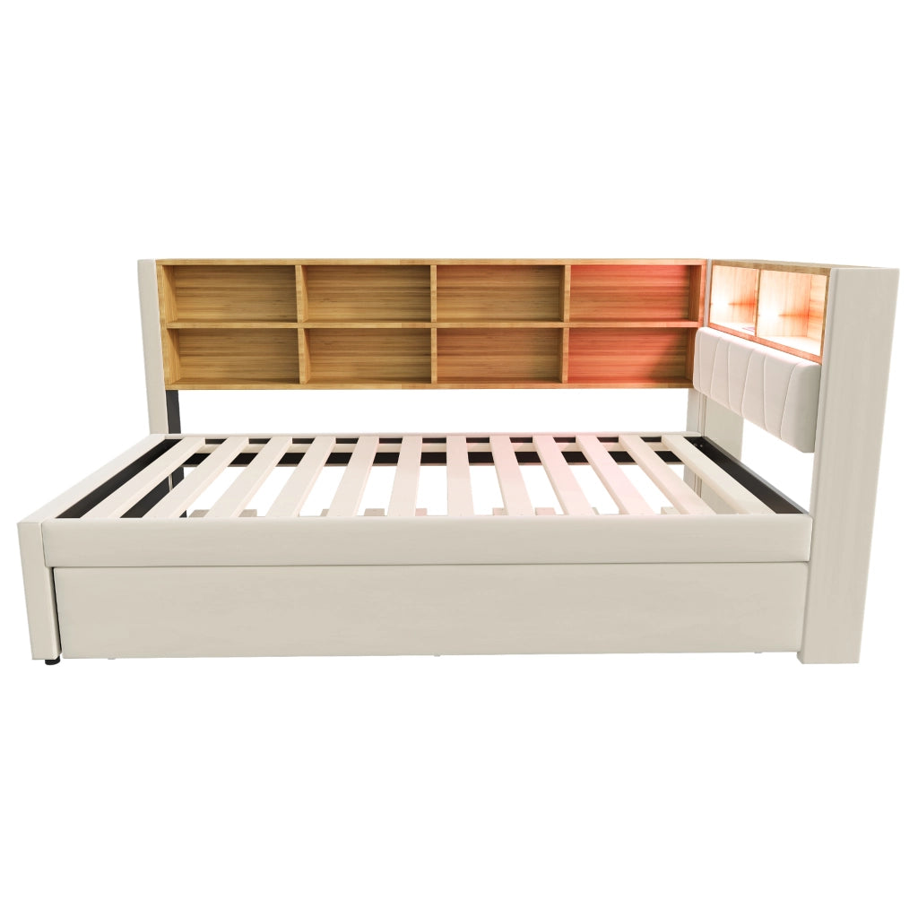 Divano letto multifunzione 90x200 cm con letto estraibile 90x190 cm; LED; beige