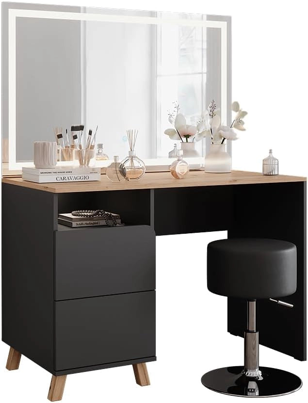 Tavolo da toeletta Karen, Antracite/Artisan, 110 cm con sgabello e specchio LED, Materiali robusti per un utilizzo duraturo