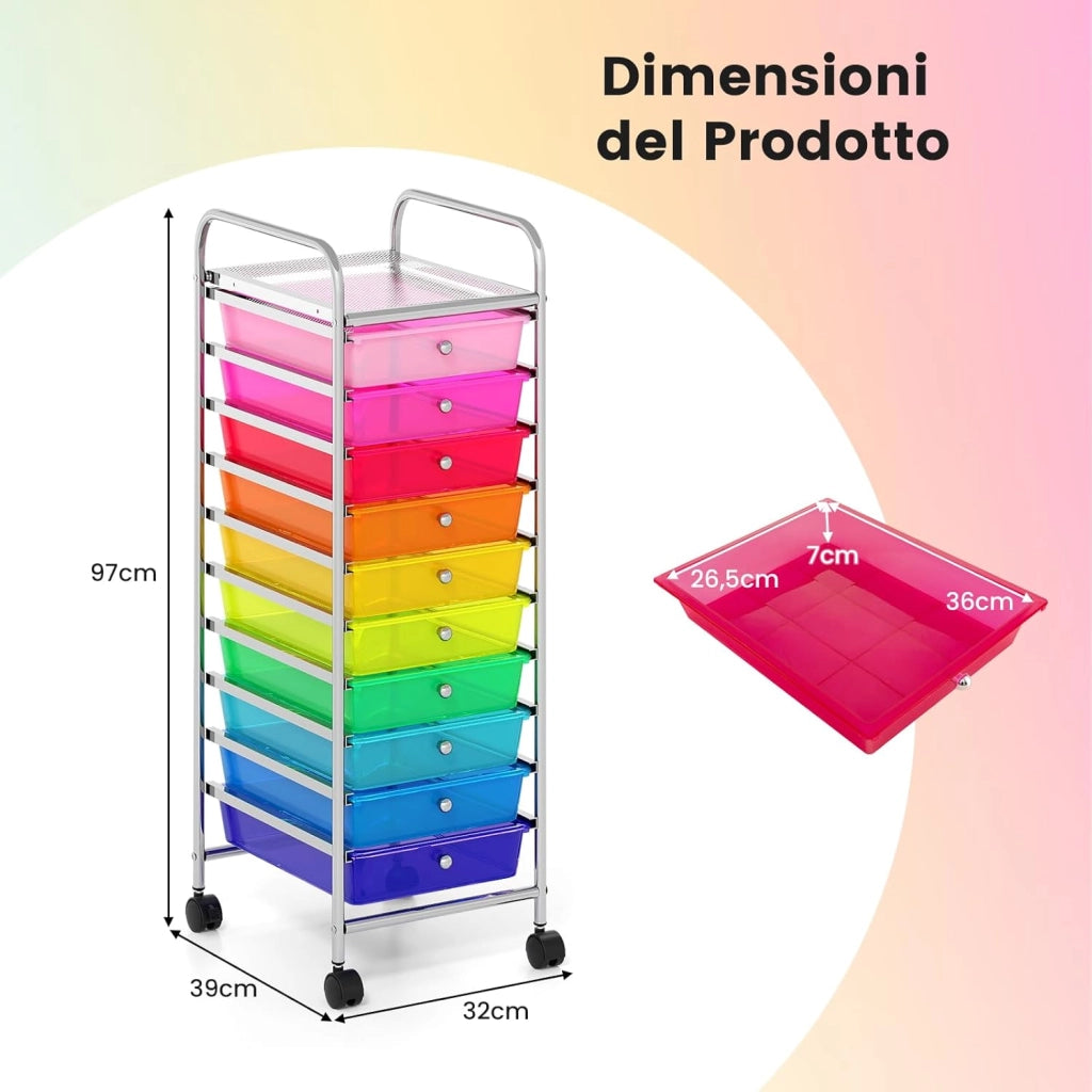 Carrello Portaoggetti con 10 Cassetti, Cassettiera con Ruote, Struttura in Metallo, Ruote Universali Bloccabili e Maniglia, Carrello Organizer per Casa, Ufficio (39 x 32 x 97 cm)
