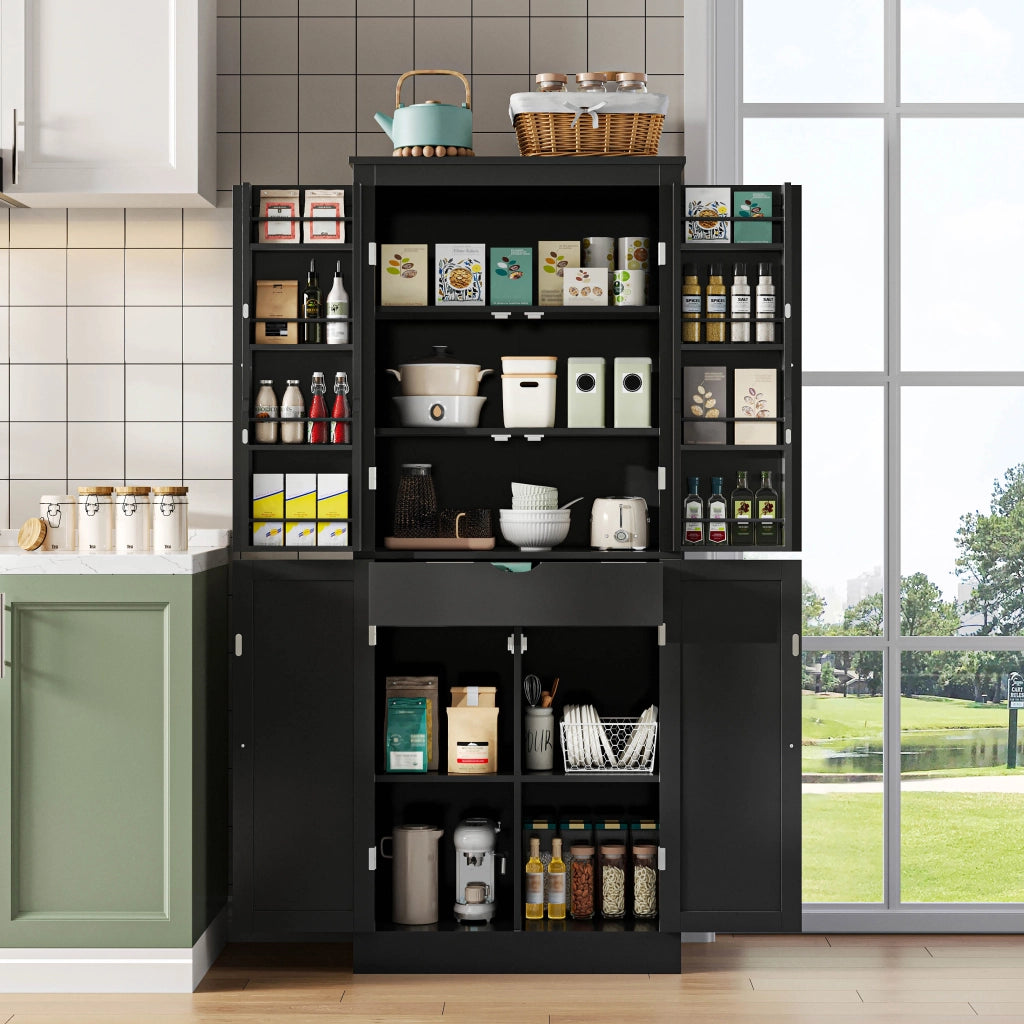 Credenza alta con 2 ante, ripiani e cassetto interno, per cucina e soggiorno, in MDF, nera, 75 × 40 × 182 cm